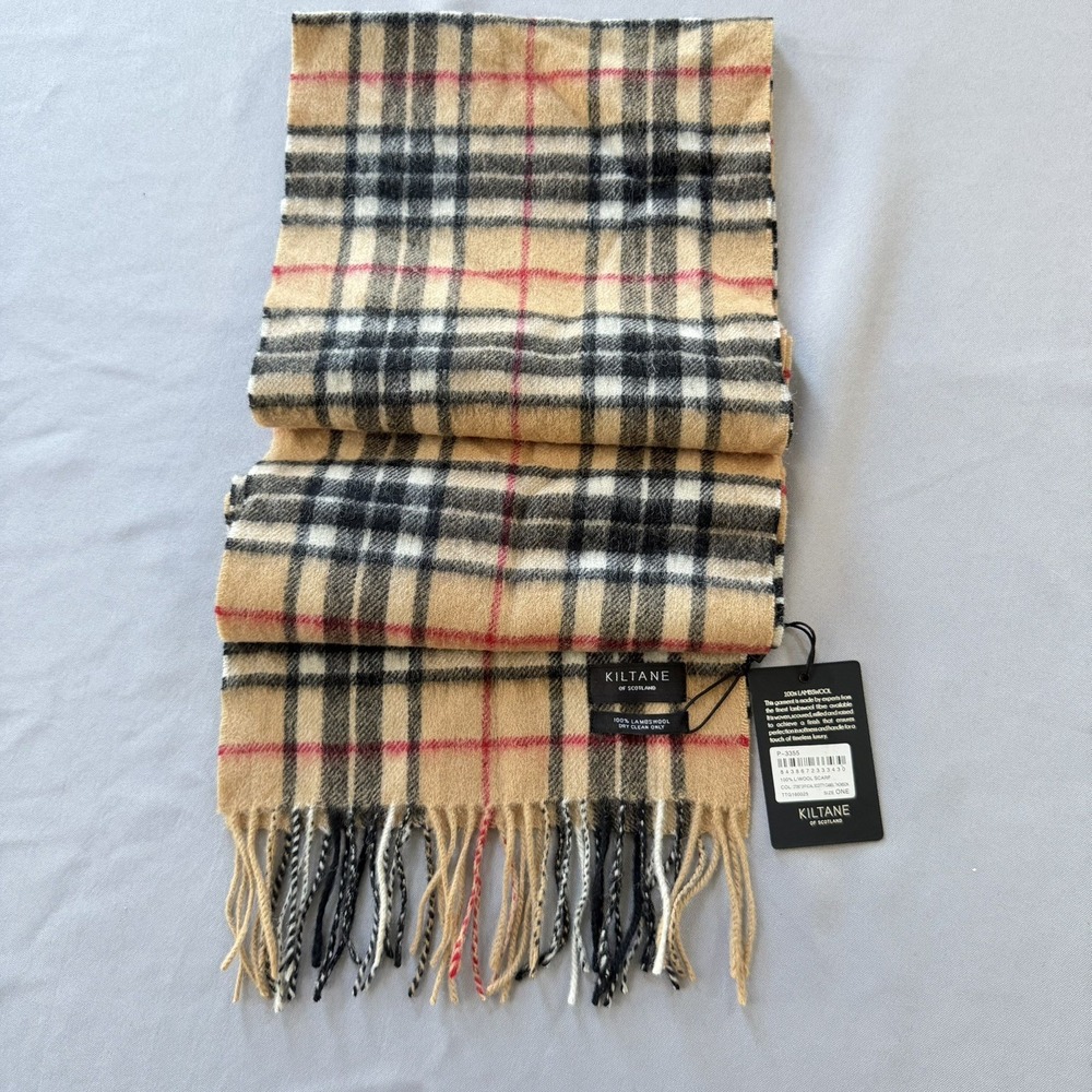 Kiltane of Scotland 100% Lambswool Scarf Scotty Thompson Camel check Plaid